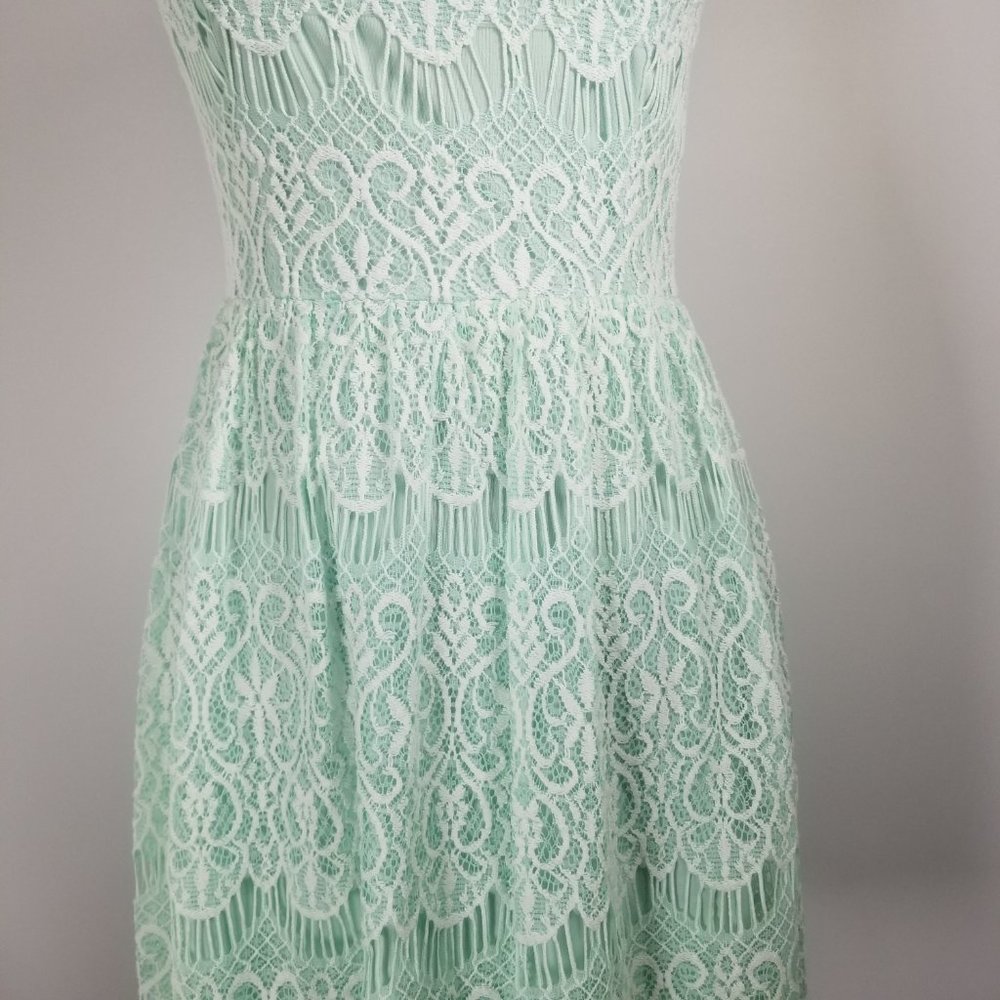 Crochet Lace A line High Neck Aqua Dress sz S - Picture 3 of 8